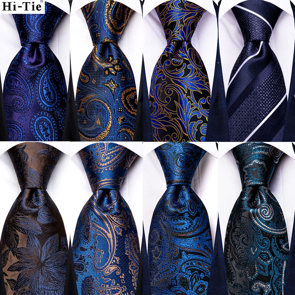 

Hi-Tie Designer Navy Blue Paisley Striped Silk Wedding Tie For Men Handky Cufflink Mens Necktie Fashion Business Party Dropship