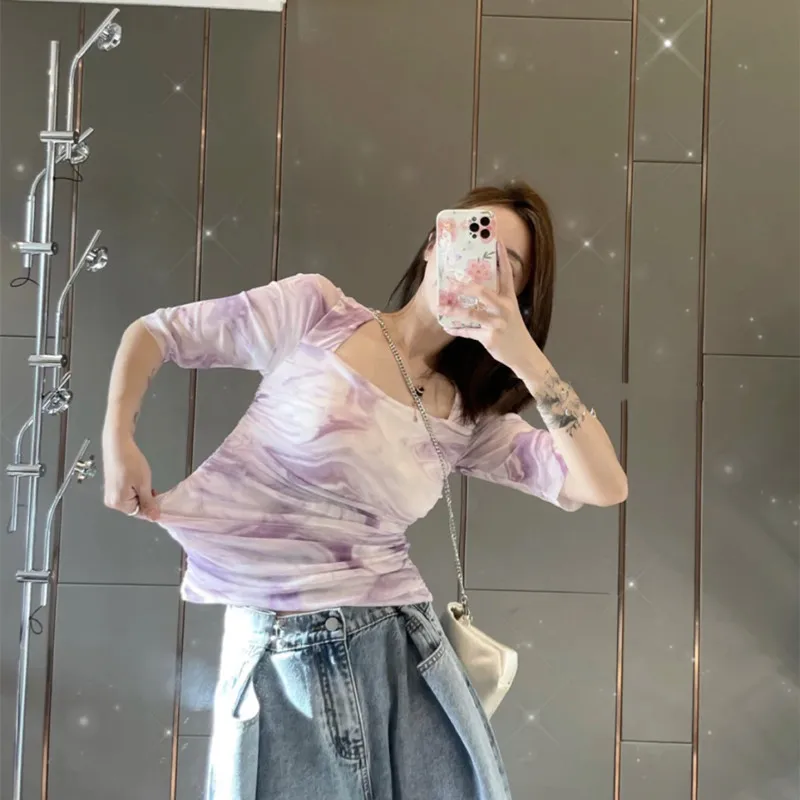 

Hit Color Slim Woman Summer New Elastic T-Shirt Female Sexy Fashion Folds High Version Tee Ladies Brand Vintage Elegant Top M207