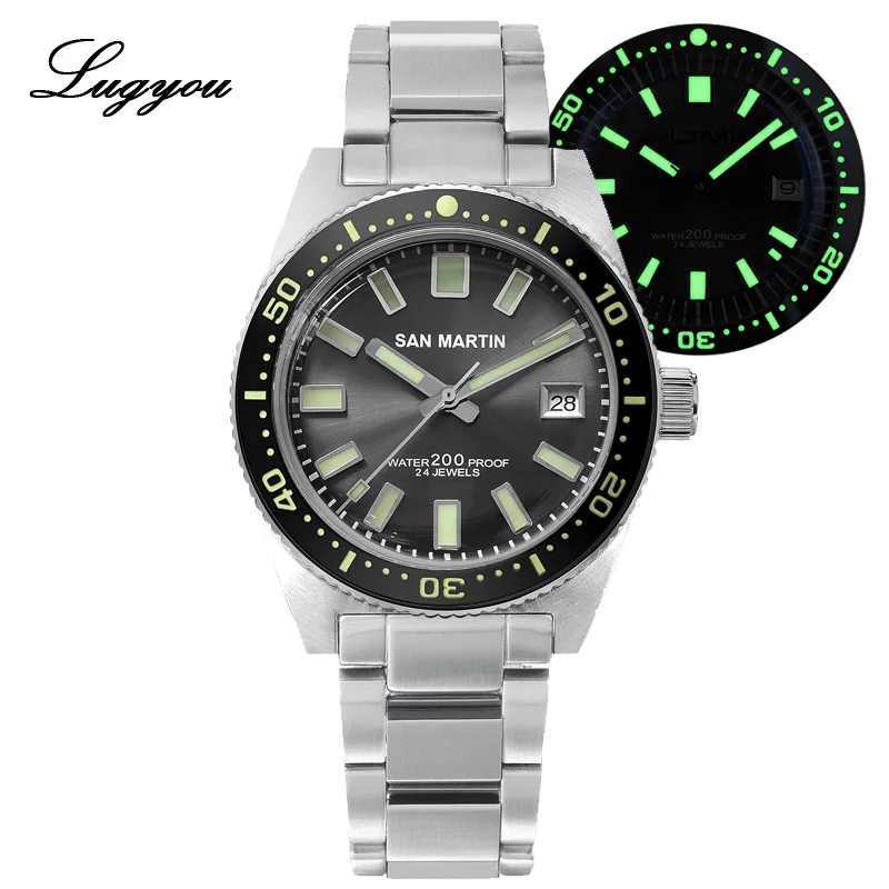B Full Lum Gun Lugyou San Martin 62Mas Diver механические Автоматические Мужские часы из нержавеющей стали NH35 керамический ободок с циферблатом от солнца резиновое минеральное стекло - Цвет: B Full Lum Gun