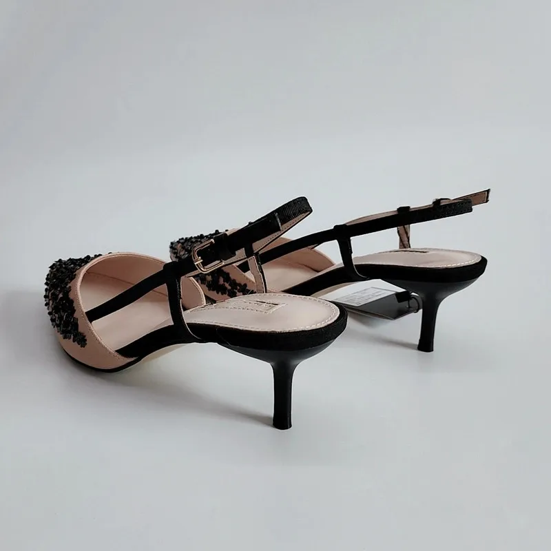 

Shallow Mouth Buckle Strap Beige Heeled Sandals Bling Bling Clear Shoes 2021 Women's Black Pointed Bright Girls Closed High Cat