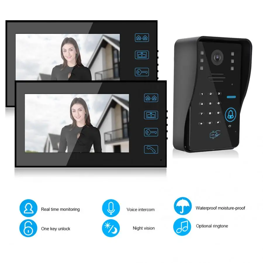 Door bell camera 7in Video Doorbell Password Card Doorphone 2 Monitors Night Vision Intercom 100-240V | Безопасность и защита