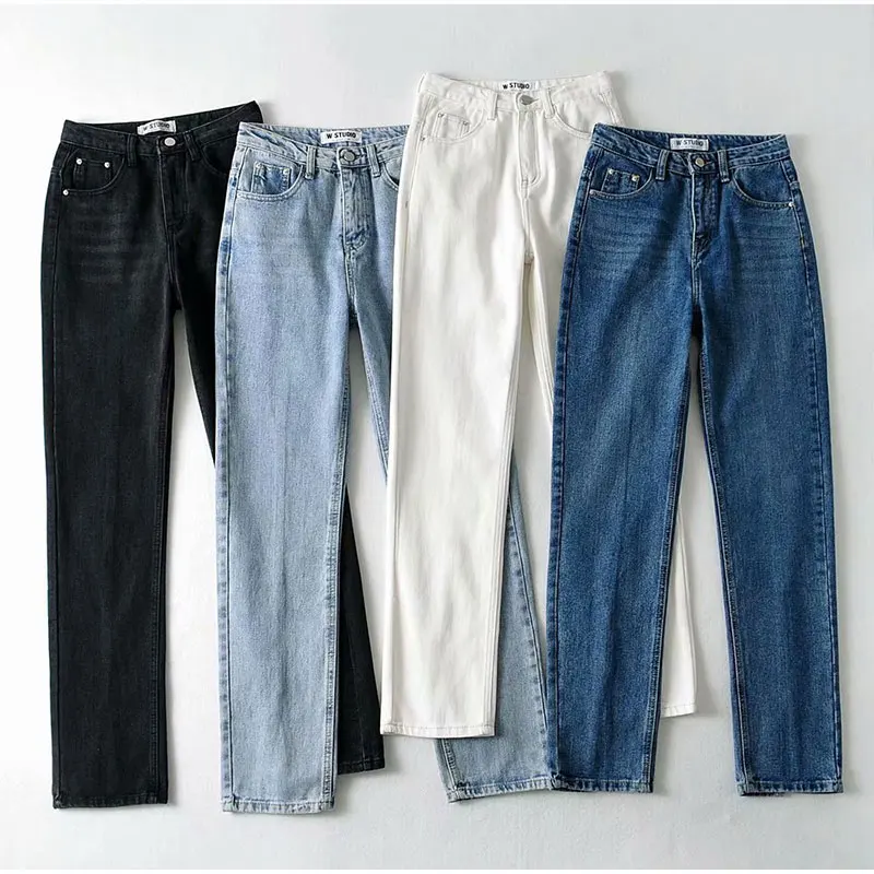 

Vintage Y2k White High Waist Slit Denim Straight Pants Indie Aesthetic Baggy Trousers Women Harajuku Street Striped Mom Jeans
