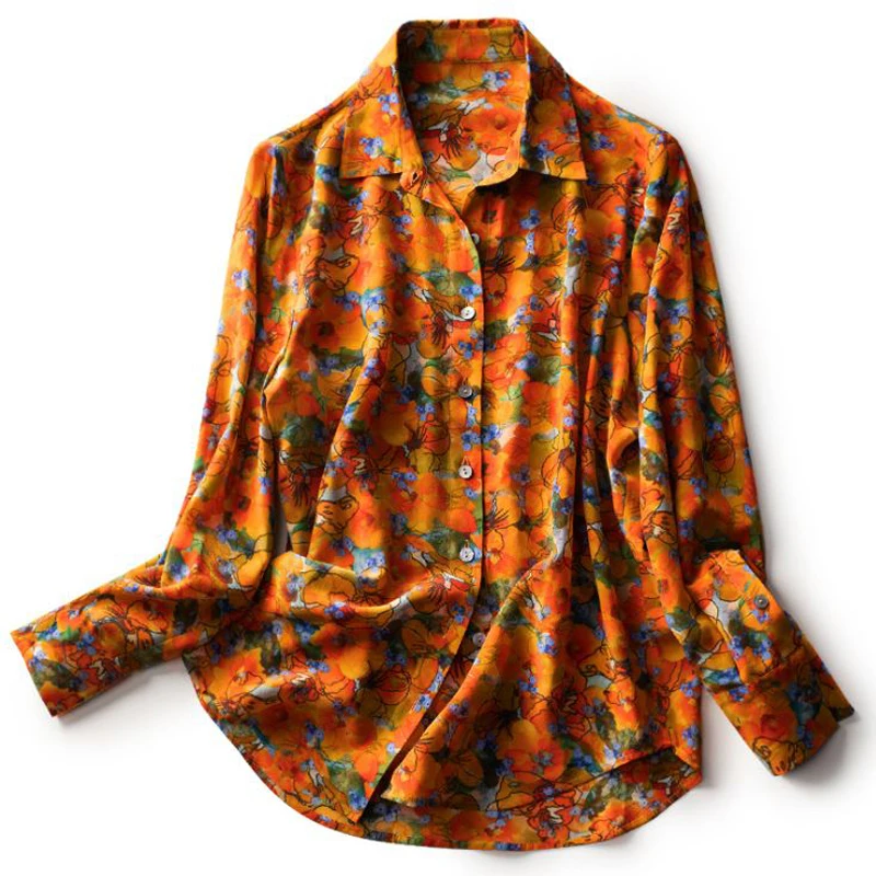 100% натуральный шелк женская рубашка с отложным воротником длинными рукавами