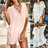 cover ups top swimsuit women summer long sleeve hollow out see through loose beach dress bathing pink clothing holiday bikini p0