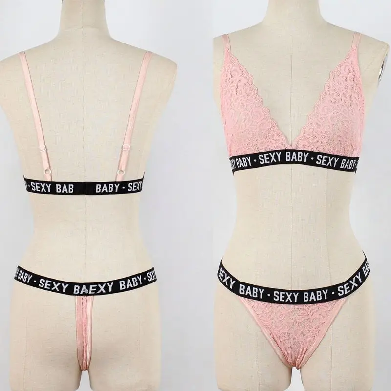Womens Sexy 2Pcs Underwear Set Sexy Full Hollow Sheer Floral Lace Letters Bikini Deep V-Neck Bra High Cut T-Back Thong Swimsuit
