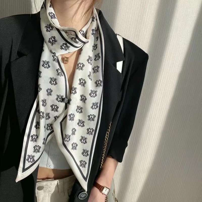 

2021 New Fashion White Green Long Skinny Neck Scarf Neckerchief Fashion Ponytail Hair Ties Accessories for Women Foulard Femme