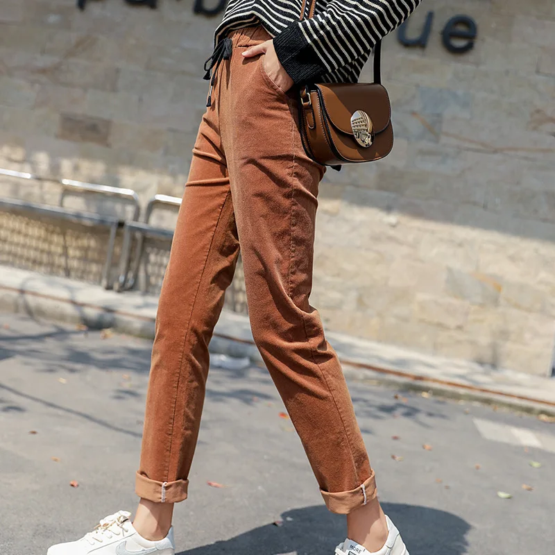 Вельветовые длинные брюки женские осенне-зимние однотонные брюки-карандаш с