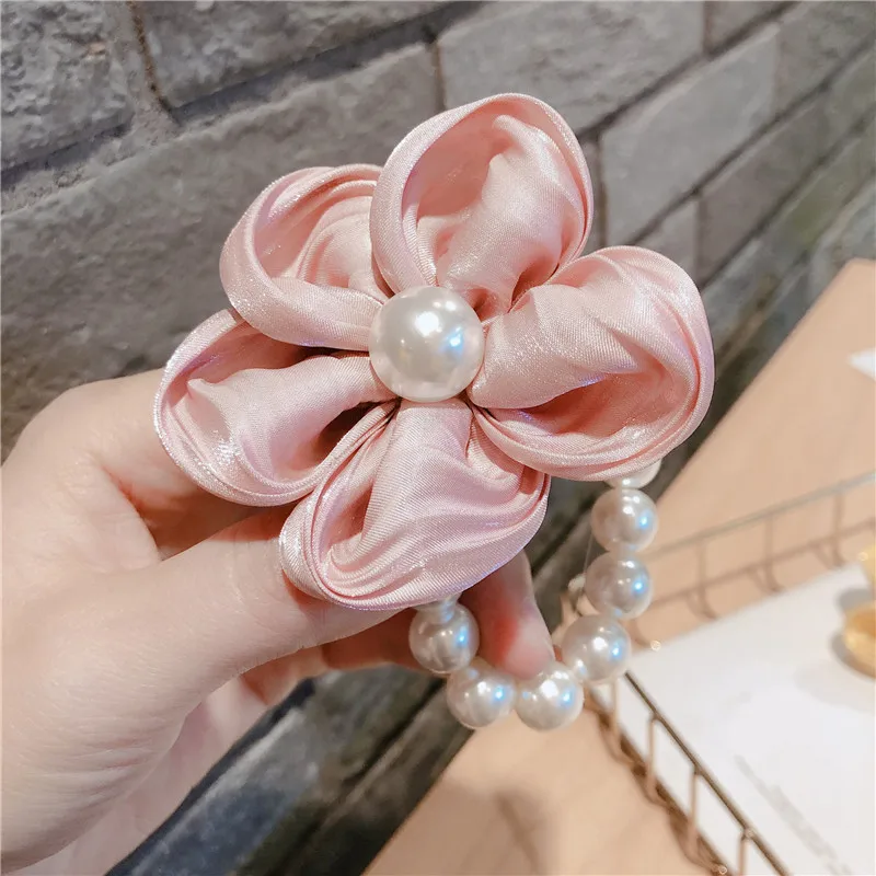 

Fashion pearl hair ribbon chiffon flower hair accessories 2020 new chiffon bowknot silk hair scrunchies wome haar elastiekjes