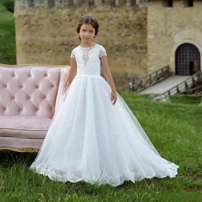 

Cute Baby Girl Long White Lace A Line Short Sleeves Flower Girl Dress Girls First Communication Dress 2021