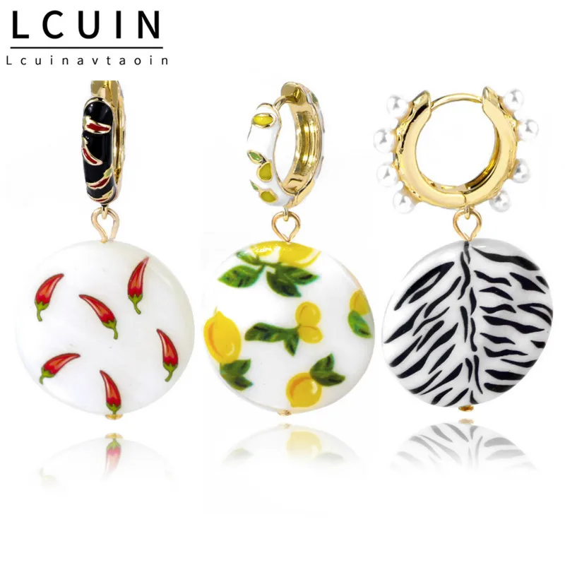 

European And American Fashion Earrings Shell Print Pendant Earrings Lemon Pepper Drip Oil Earring Creative Pearl Brincos Jewelry