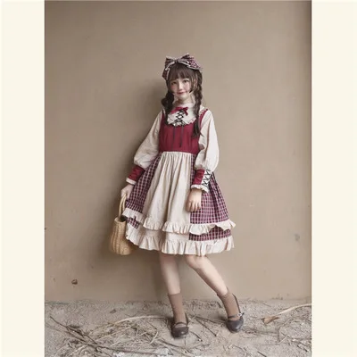 

OP Gothic Lolita Court Vintage Dress Strawberry Jam Forest Plaid Long Bubble Sleeve Lace Band Bowknot Lolita Dress Hair Clasp