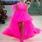 Модные шикарные ярко-розовые высокие низкие фатиновые платья для выпускного вечера, модные сетчатые Тюль женские платья Новые Yow на день рождения вечерние