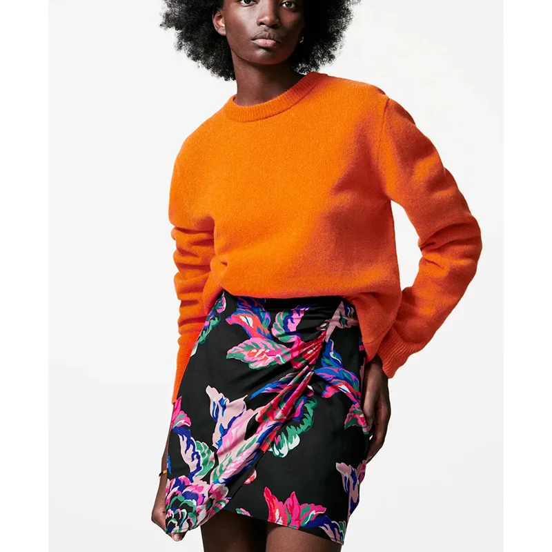 

Vintage Color Match Floral Print Pleats Split Mini Design Ladies Chic Back Zipper Skirt 2021 new Women Skirt