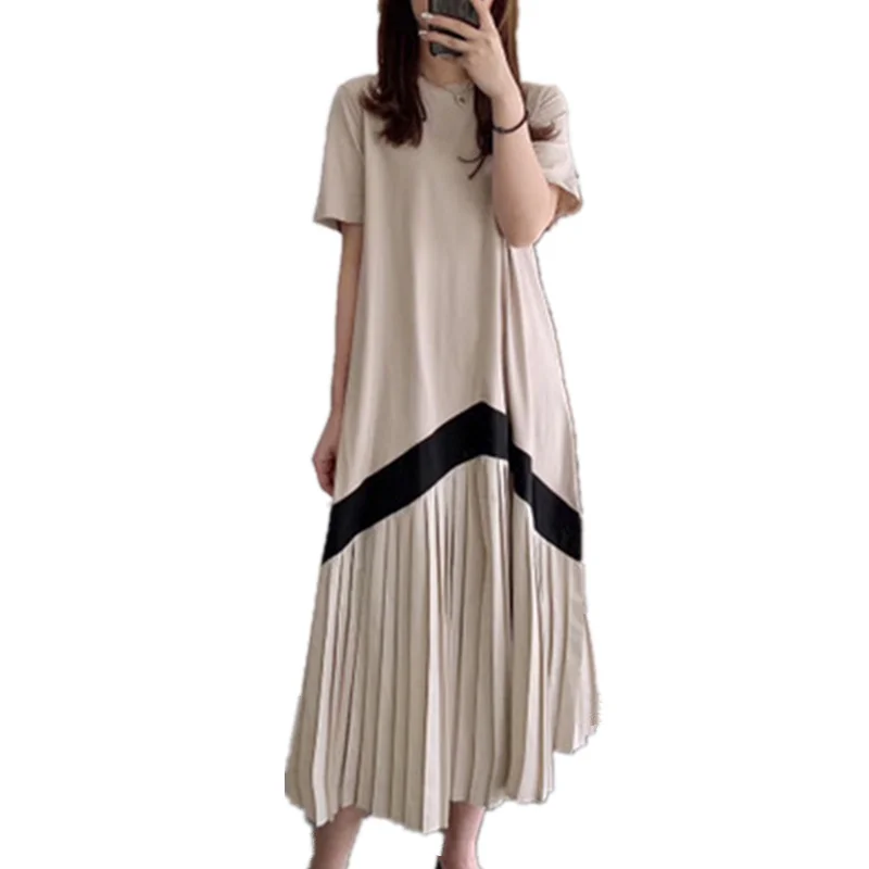 

Summer Women 2020 Short Sleeve O-Neck High Waist Color Patchwork Striped Print Dresses for Ladies Casual Pleated Long Dresses