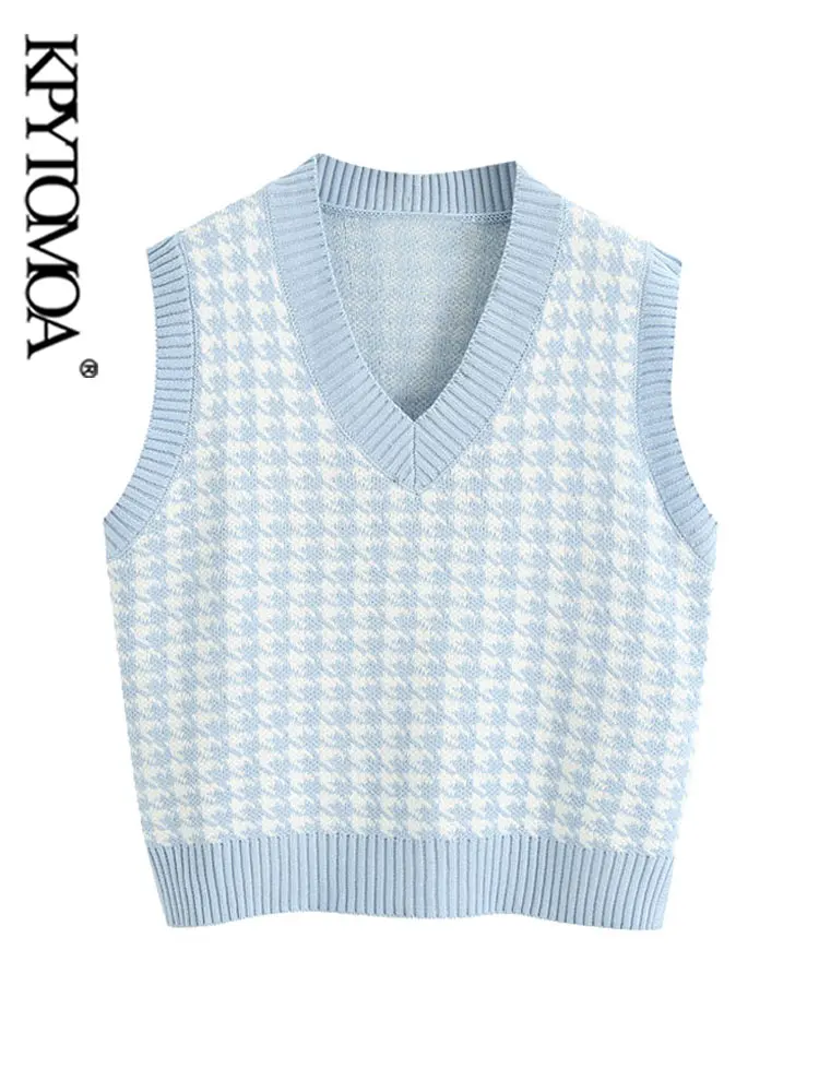 

KPYTOMOA женский модный свободный Трикотажный жилет с рисунком гусиные лапки свитер с V-образным вырезом без рукавов с боковыми разрезами женск...