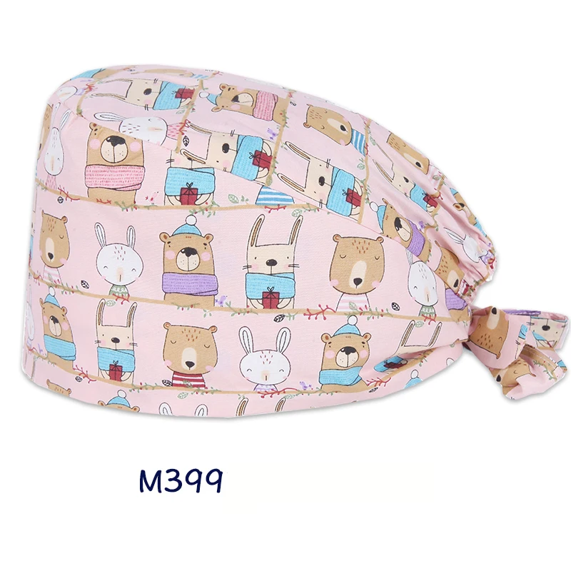 

Bear Rabbit Veterinarian Scrub Caps Pattern Dental Nursing Print Work Hats Women Men 100% Cotton Beautician Chef Skull Cap