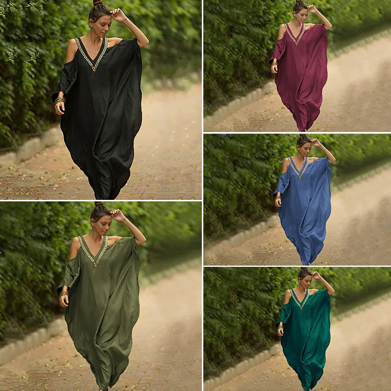 

Повседневное пляжное платье с V-образным вырезом и открытыми плечами, свободное облегающее праздничное платье, накидка на бикини, элегантна...