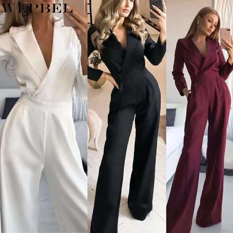 

Женский элегантный комбинезон WEPBEL, облегающий Длинный комбинезон с длинными рукавами, V-образным вырезом, высокой талией и широкими штанина...