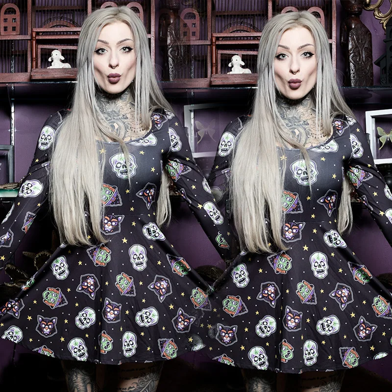 

Halloween Women Dress Skeleton Printed Fancy Party Long Sleeve Gothic Black Scary Costume Skull Demo Night Club Swing Dress