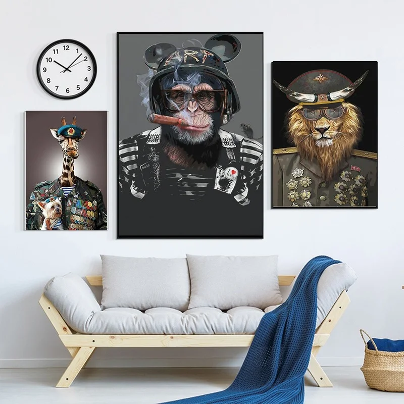 

Lion Monkey Giraffe In Military Uniform Classic Canvas Painting Wall Art Posters and Prints Animal Art Pictures Cuadros