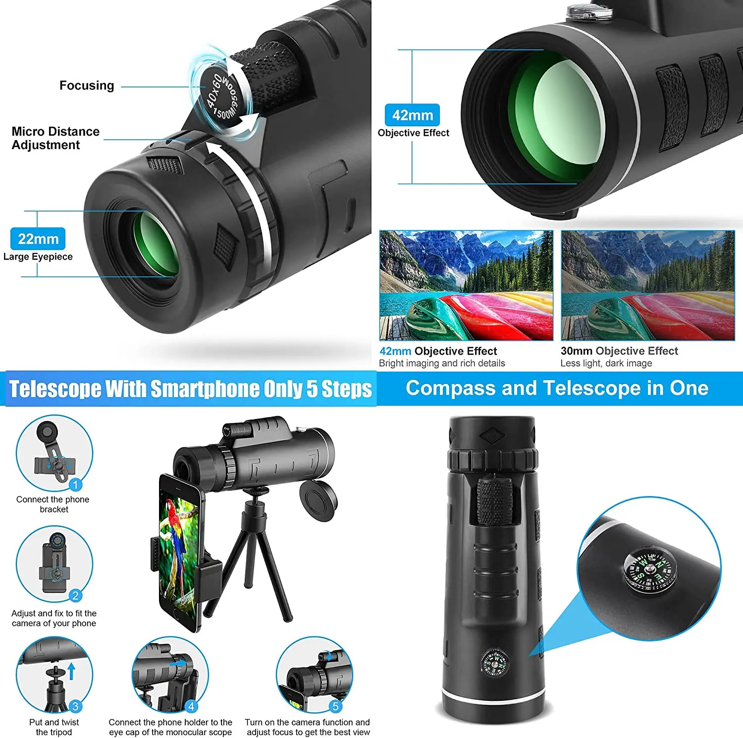 Портативный монокулярный телескоп APEXEL 40x60 телеобъектив для мобильного телефона