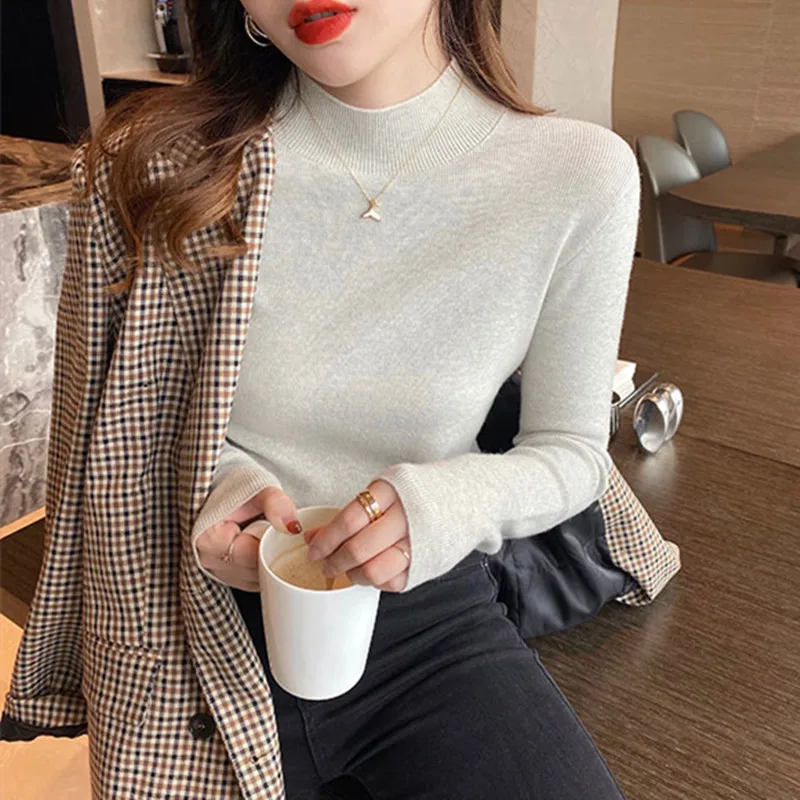 

Wool Sweater Woman 2021 Half-High-Necked Sweater Autumn And Winter Thick Long-Sleeved OL Ladies Outfits Basic Tops Femme Sweater