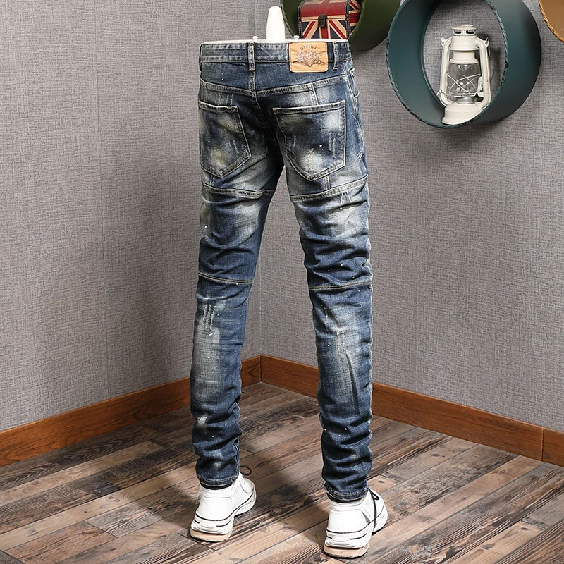 Mens Fashion Dots Printed Blue Ripped Jeans Men Zipper Decoration Slim Fit Pencil Pants Casual Cotton Denim Trousers