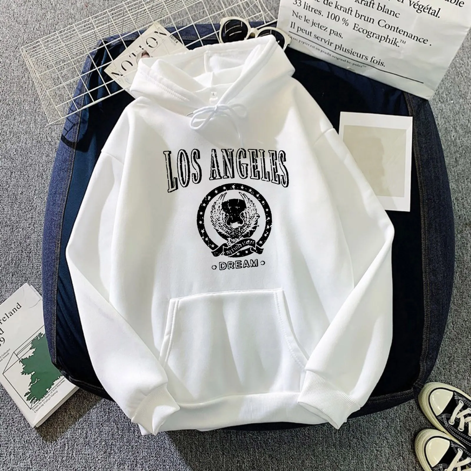 harajuku Korean Japanese Winter Shirt Women's LOS ANGELS Print Pockets Long-sleeved Sweatshirt  Casual Tops Pullover 5Color топ