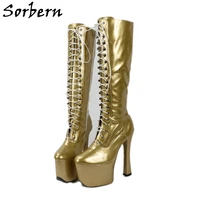 sorbern light gold knee high boots for women custom calf size 20cm ultra high heeled cosplay boots platform women boots new