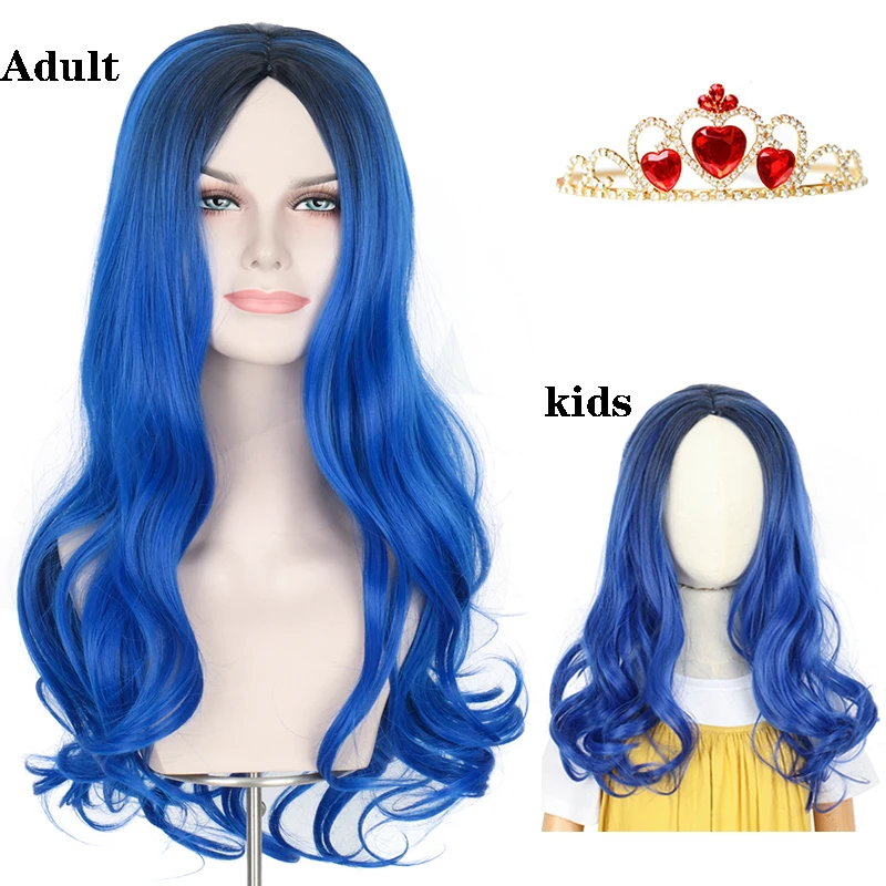 Descendants 3 Evie Anime Cosplay Wig Halloween Carnival Party For Adult and Kids Blue Long Wavy Wig + Wig Cap