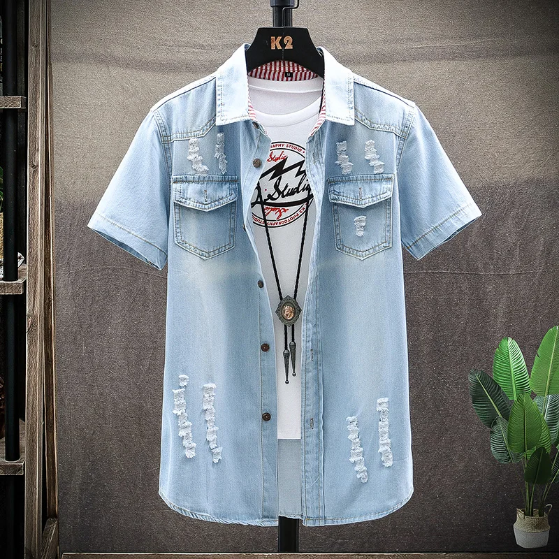 

2021 Summer Washing Charm Jeans Shirts Short Sleeve Men's shirt Denim Wear white men's jacket Cowboy Wear Clothes Free shipping