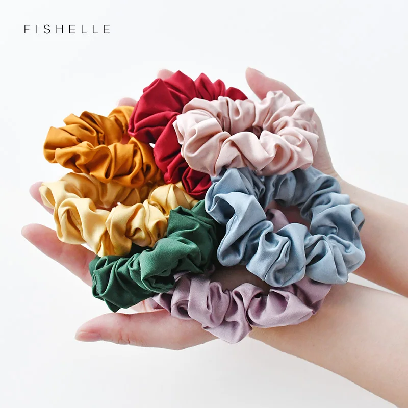 

Hot sale high quality solid color pure silk 2.5cm scrunchies 100% natural Silk Satin scrunchie for women ladies hair ties