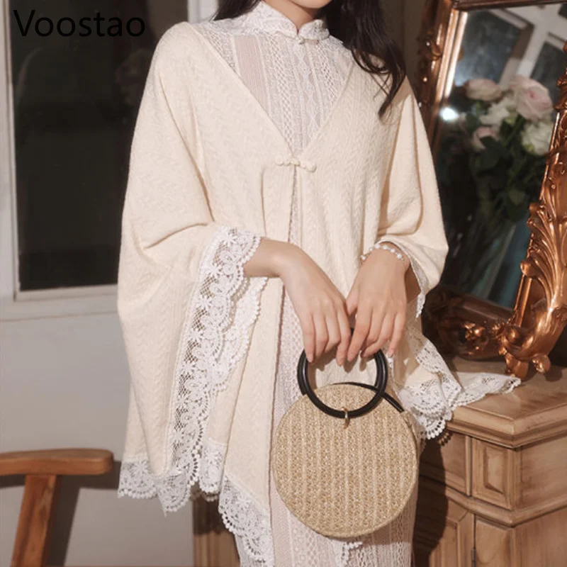 Spring Autumn Chinese Style Lace Patchwork Knitted Shawl Coats Women Vintage Cloak Elegant Chic Loose Capes Winter Lady Ponchos