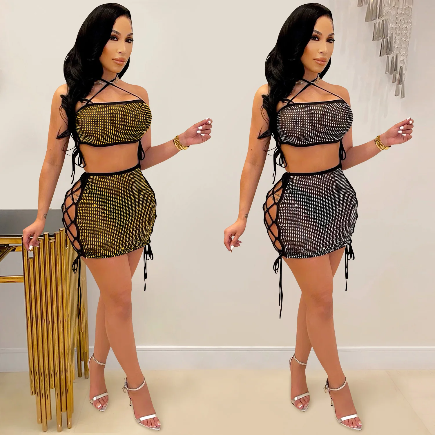 

SKMY Fashion Sexy Outfits For Woman Diamonds Mesh See-Through Halter Crop Top Lace-Up Hollow Out Skirt Two Piece Set Clubwear