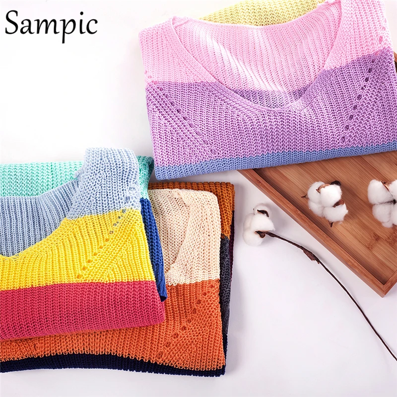 

Sampic women casual pullovers autumn rainbow long sweater o neck striped knitted oversized sweater 2019