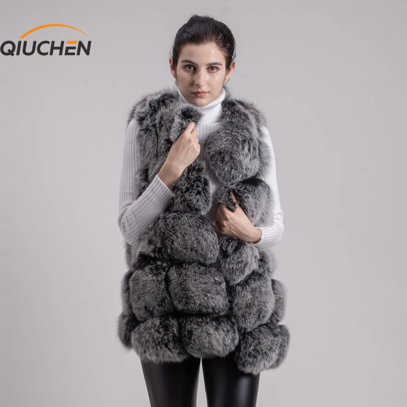 QIUCHEN PJ8046 натуральный Лисий мех женский зимний жилет толстый 70 см длинный жилет с круглым вырезом женский модный жилет высокое качество натуральный мех жилет Горячая Распродажа