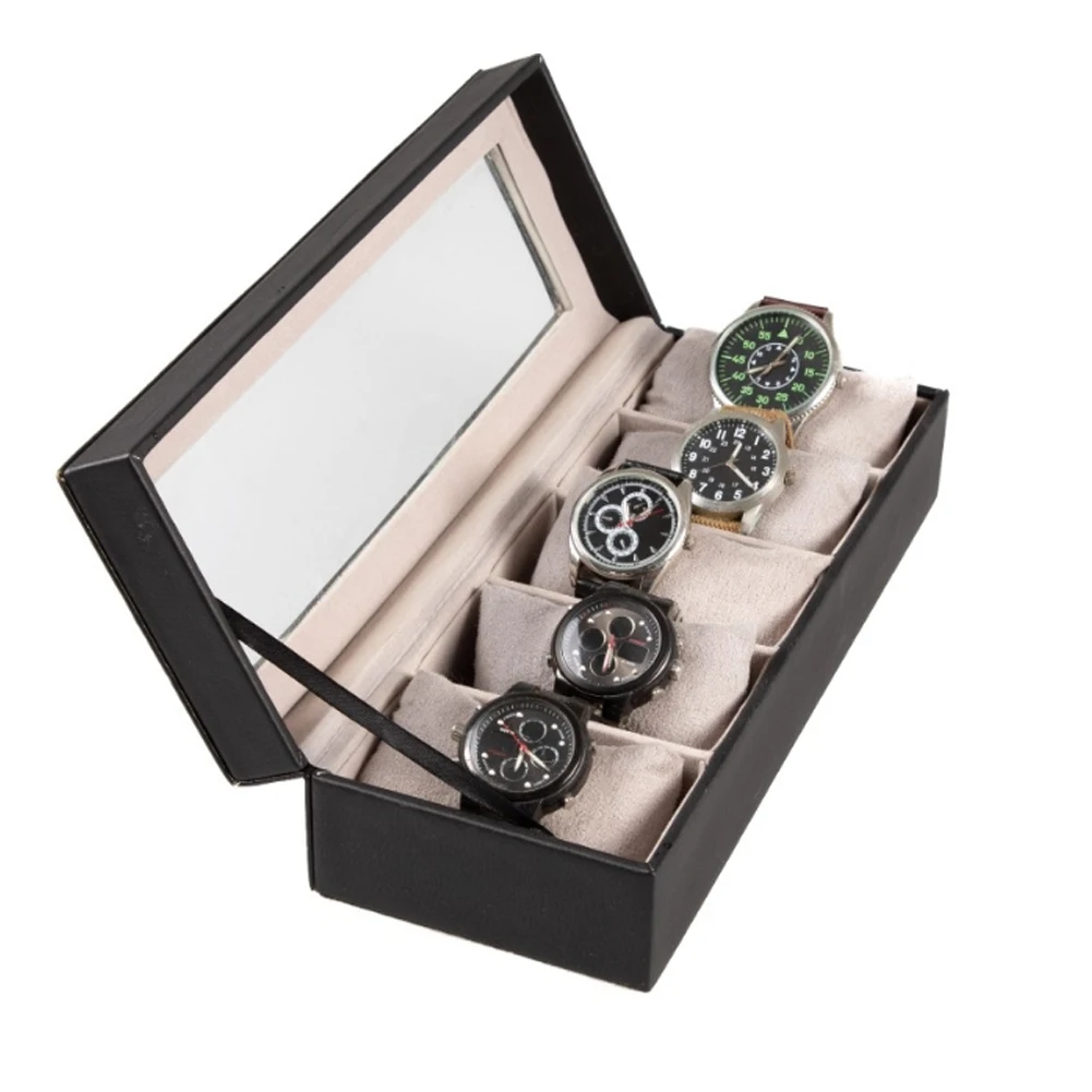 Коробка для часов с 6 отделениями кожаная бархатная подкладка держатель хранения