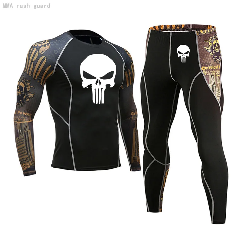 

Compression Sportswear Men's Thermal underwear sets rashgarda MMA Long sleeves shirt Pants 2 pc Tracksuit Sweat Fitness clothing
