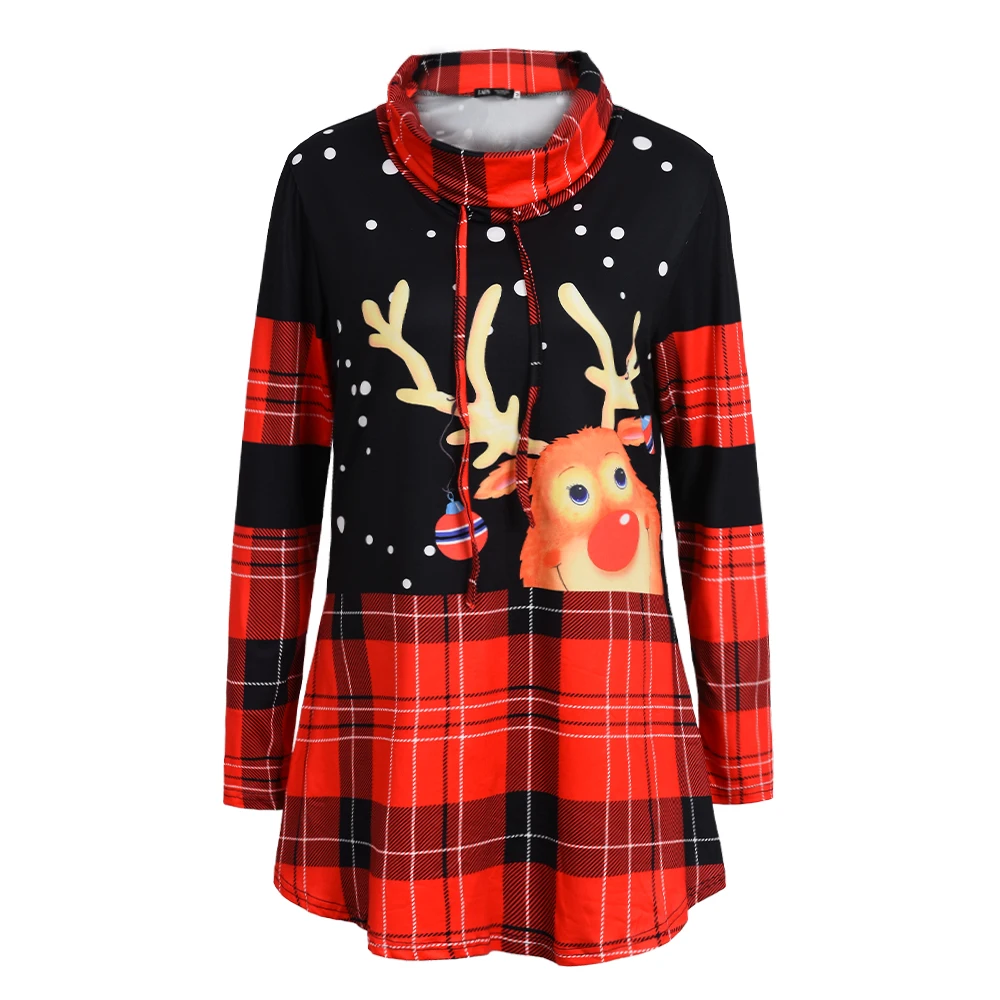 

Christmas Red Plaid Elk Print Long Sleeve T Shirt Woman Spring Autumn Turtleneck Pile Collar Loose Drawstring Top MujerCamisetas