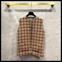spring autumn new designer womens high quality plaid tweed waistcoat hot chic vest tops f046
