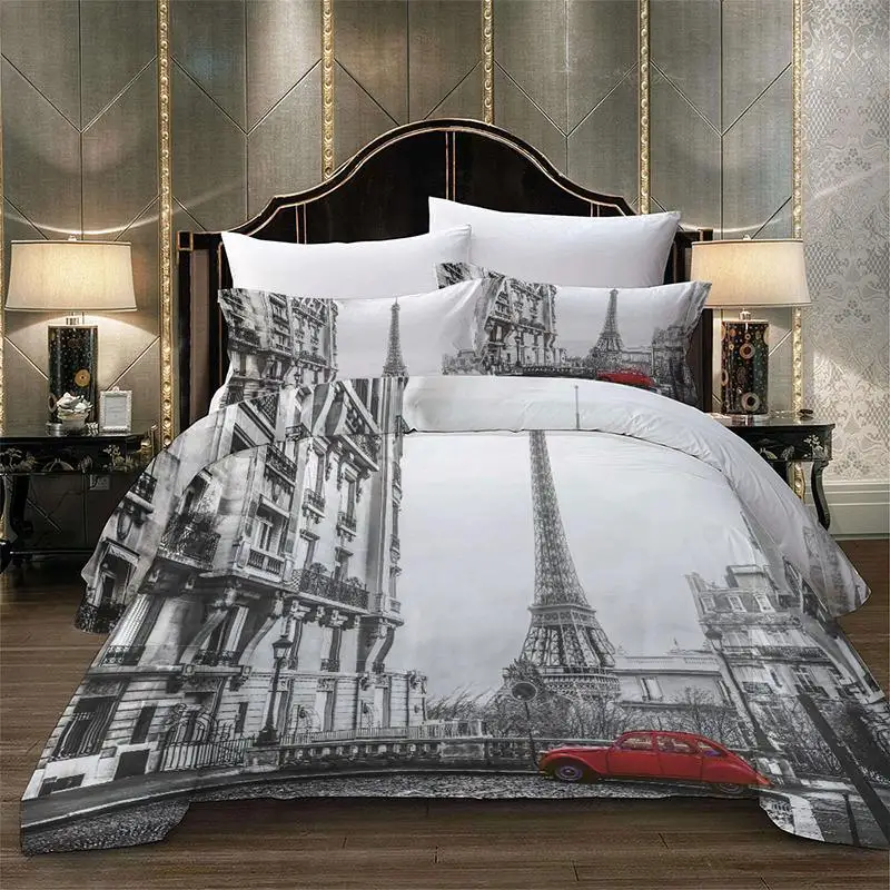 Paris Tower London City Scenery Big Ben Red Telephone Booth Bus Print Bedding Set Quilt Duvet Cover+Pillow Case US AU EU Size | Дом и сад