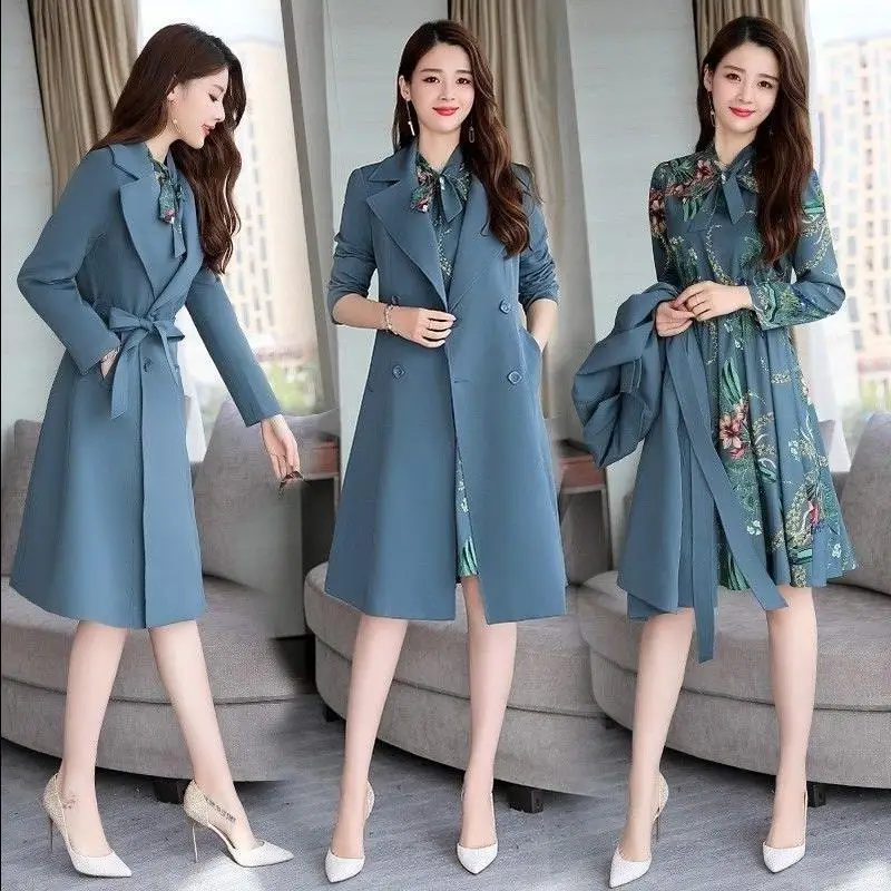 

Женский комплект из двух предметов, однотонное облегающее платье-Тренч с принтом, ветровка в офисном стиле, большие размеры до 4XL, весна-осен...