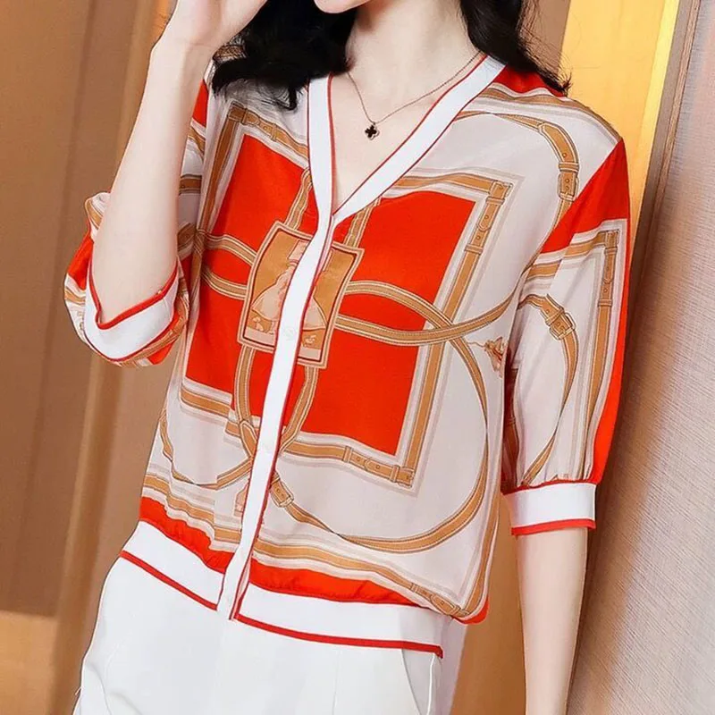 

Женская шифоновая блуза, с коротким рукавом, V-образным вырезом, свободного покроя, на весну и лето, ZZ0547, женские блузки рубашки