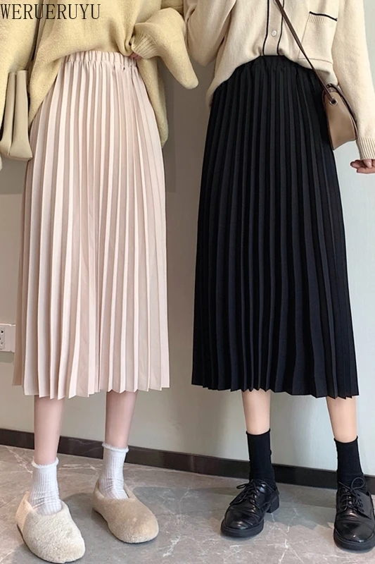 

WERUERUYU Autumn Winter Velvet Skirt High Waisted Skinny Large Swing Long Pleated Skirts Metallic Plus Size 3XL