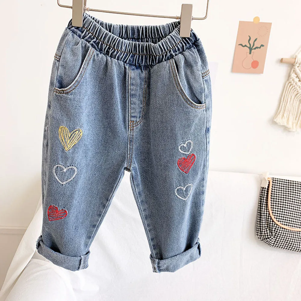 Модные джинсовые джинсы с вышивкой для девочек мягкие хлопковые малышей Детские
