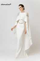 elegant formal dress white evening dresses with shawl satin beaded saudi arabic mermaid evening gown long abendkleider