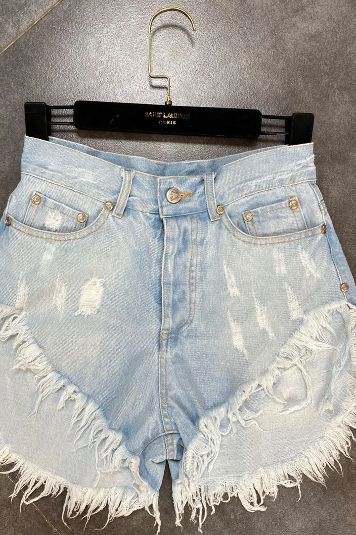 

2021 Summer Vintage Women Denim Shorts Tassel Light Blue Shorts Back Hotpants