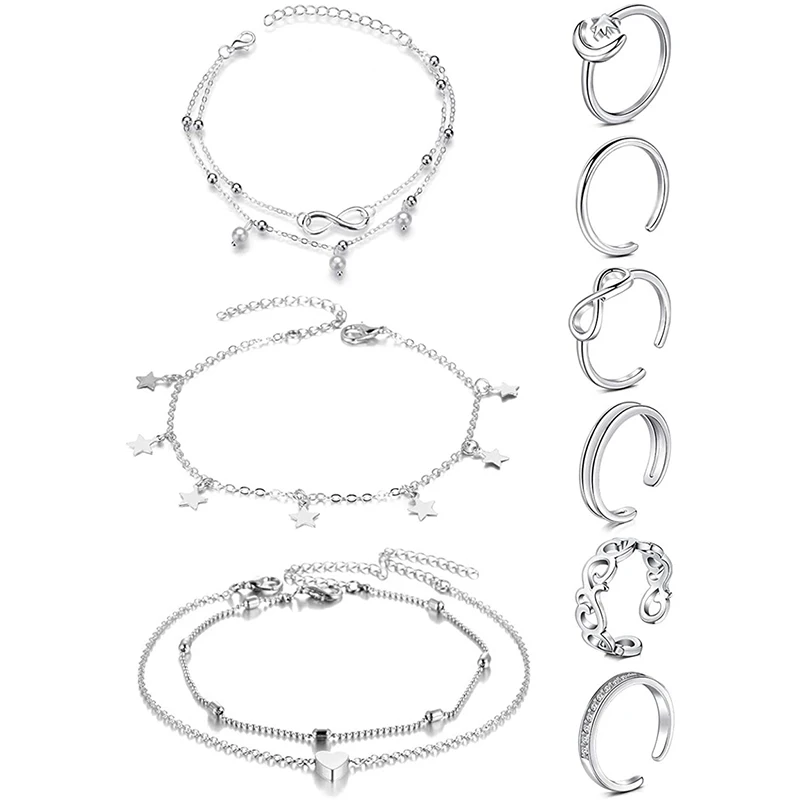 

9pcs Bracelet on the Leg Anklets and Toe Ring Set for Women Girl Layered Ankle Bracelets Open Adjustable Toe Rings Jewelry