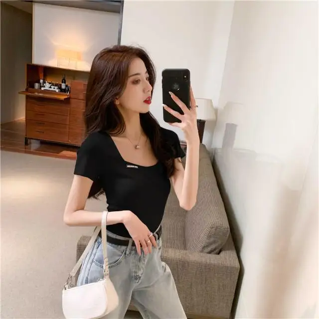 

2021 summer new short sleeve tight square neck Pullover versatile high waist short open navel T-shirt