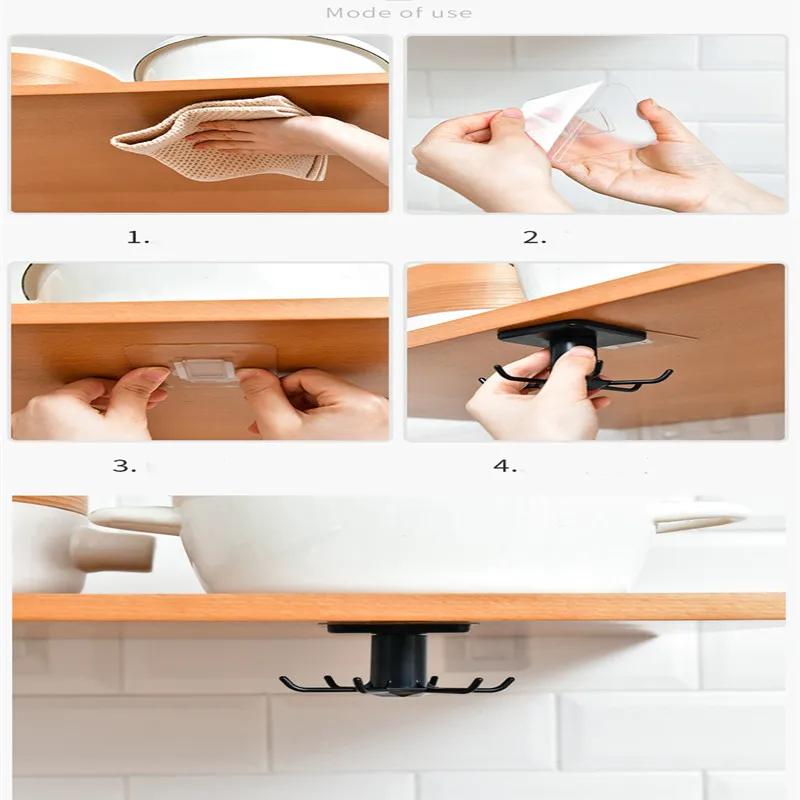 

360 Degrees Rotated Kitchen Hooks Self Adhesive 6 Hooks Home Wall Door Hook Handbag Clothes Ties Bag Hanger Hanging Rack